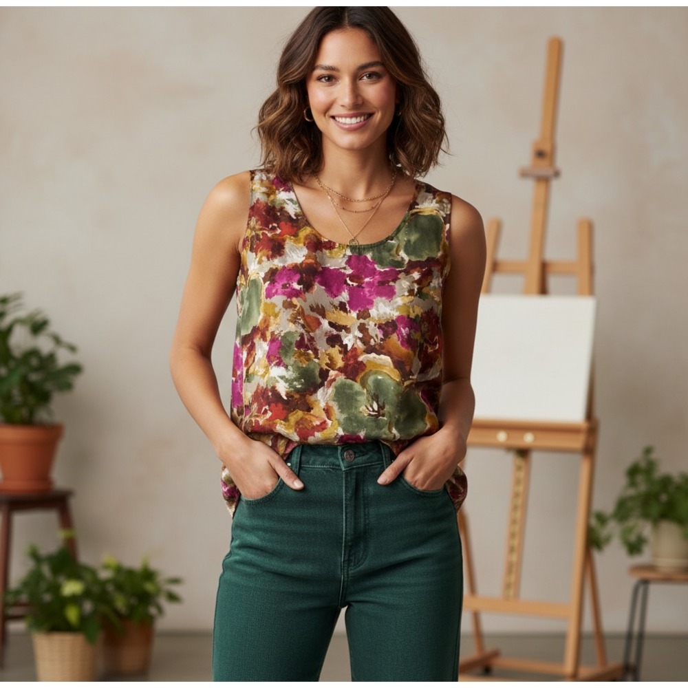 Vintage 90s Forenza Abstract Silk Floral Tank Top Womens M Artsy Luxury Layering